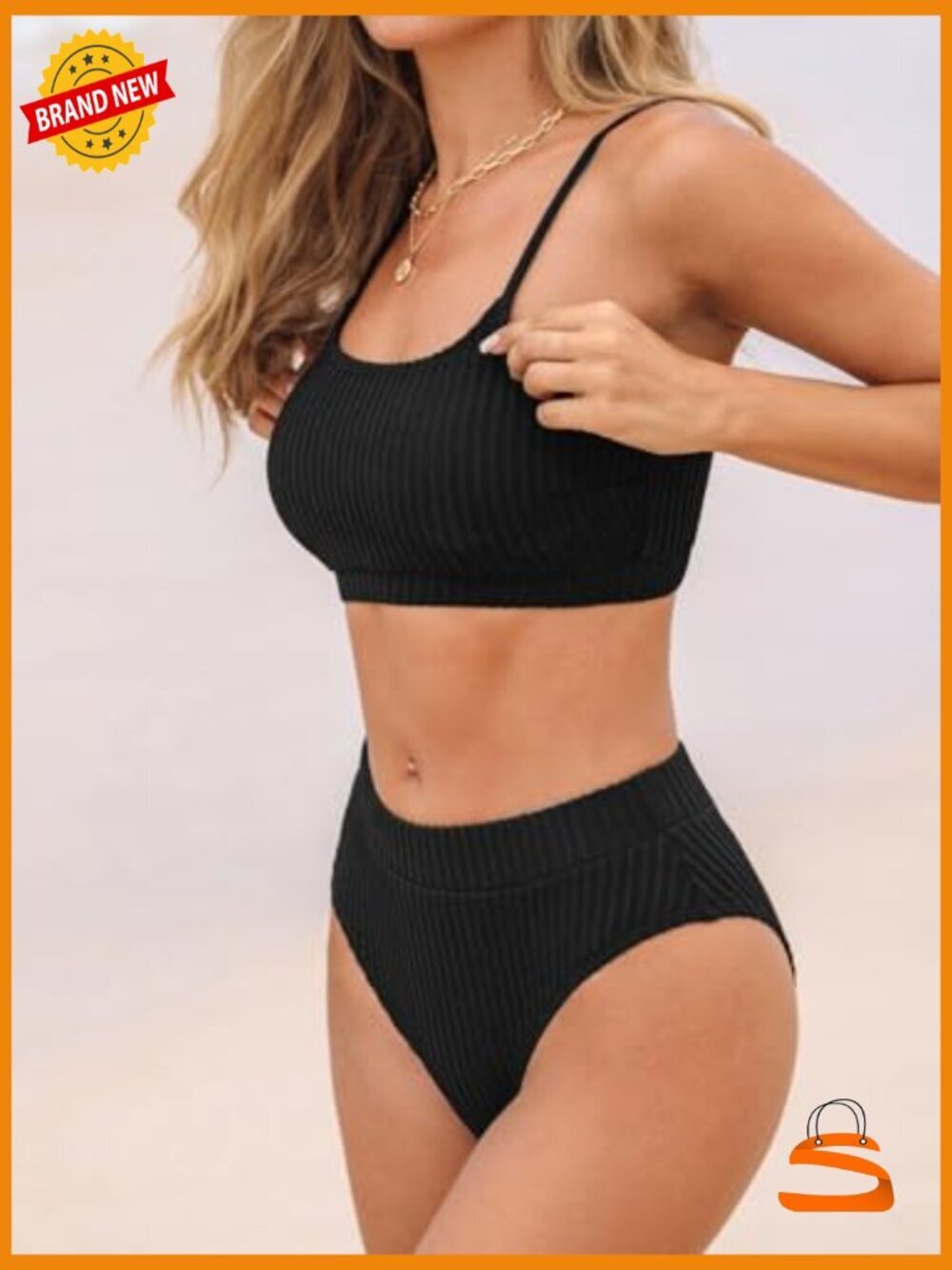 High Waisted Bikini Set Two Piece Swimsuits Textured Knit Scoop Neck Adjustable - Picture 3 of 7